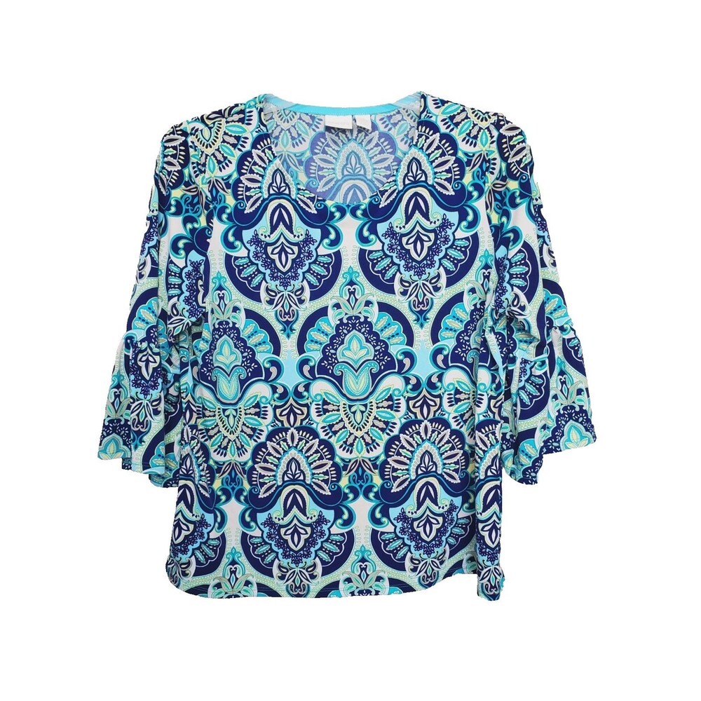 Chico's Stretchy Boho Paisley Bell-Sleeve Scoop Neck Blouse Size 2 Large
